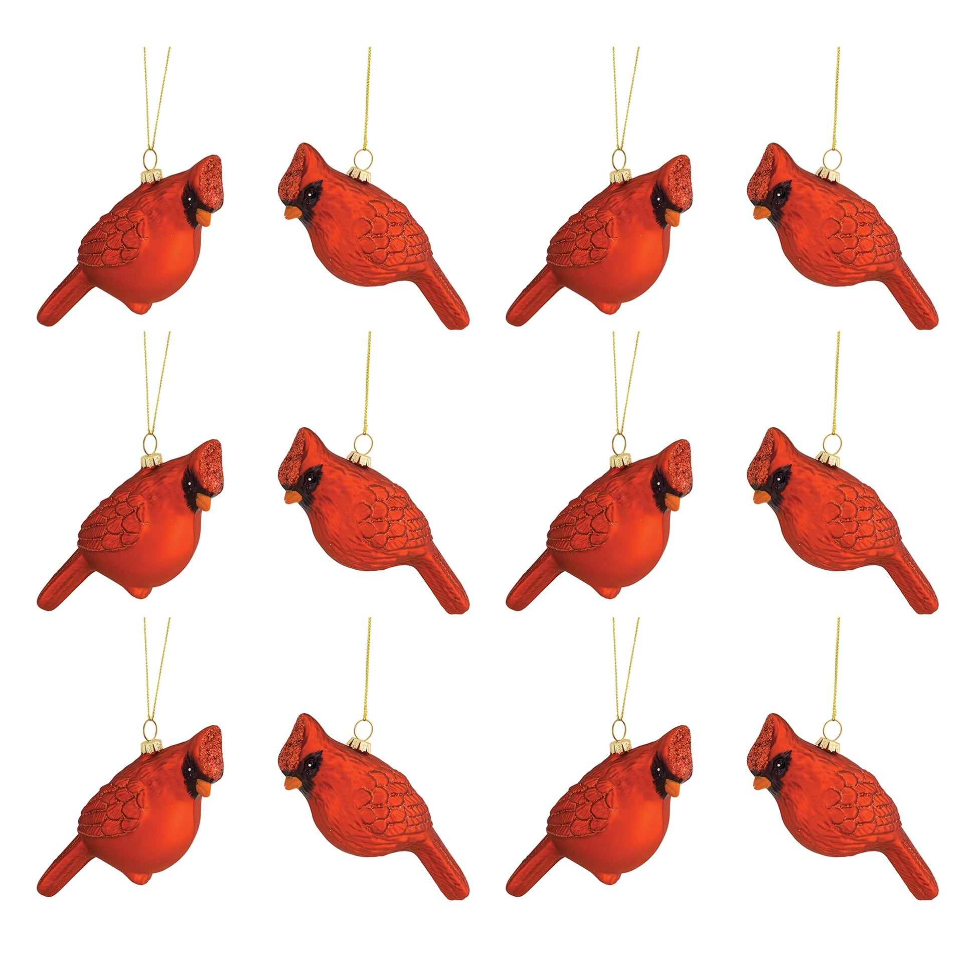 The full set of 12 matching red glass cardinal ornaments laid out in rows on a white surface.