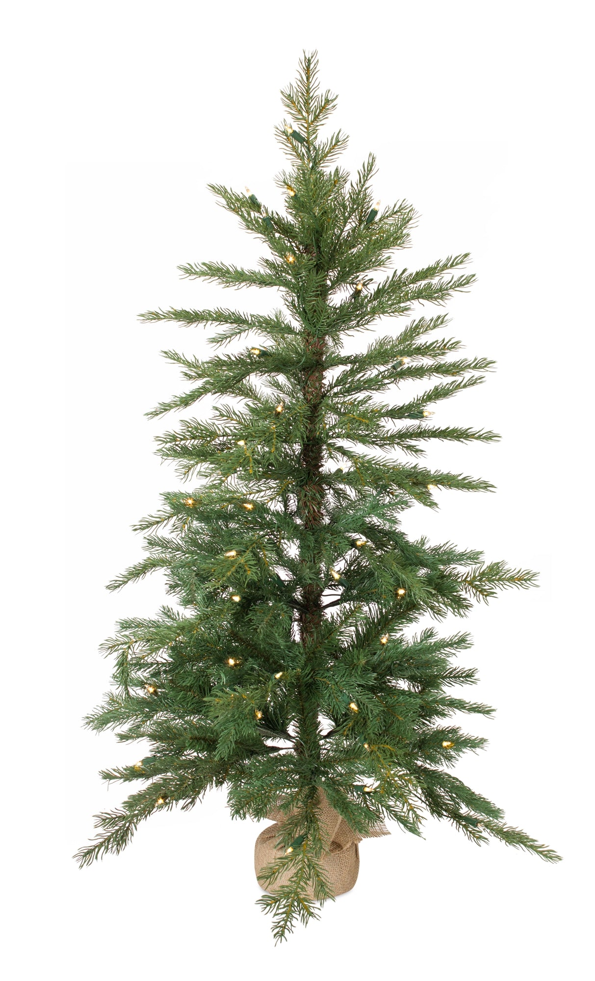 4-foot tall pre-lit flocked artificial Christmas tree in a rustic burlap base