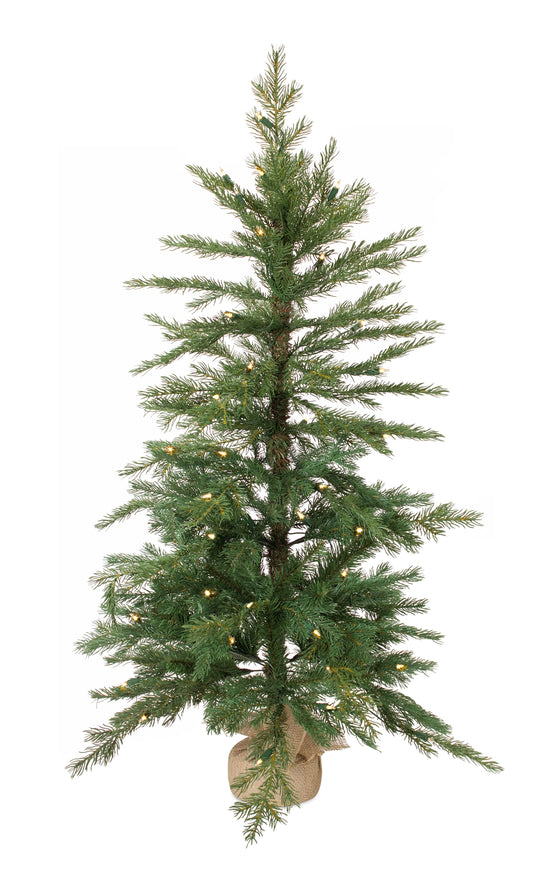 4-foot tall pre-lit flocked artificial Christmas tree in a rustic burlap base