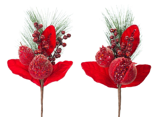 Set of 8 beaded red pomegranate and pear Christmas floral picks