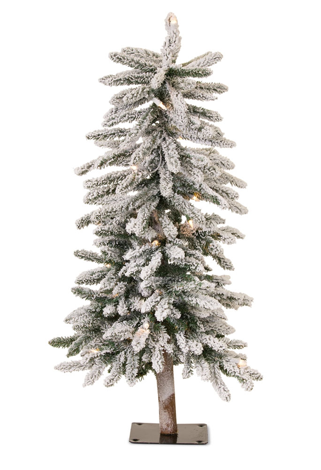 3-foot tall pre-lit flocked alpine pencil Christmas tree with metal base