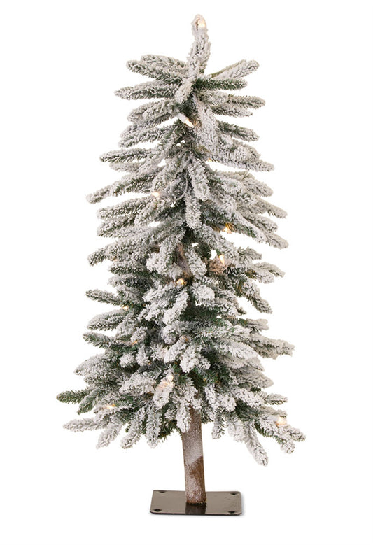 3-foot tall pre-lit flocked alpine pencil Christmas tree with metal base