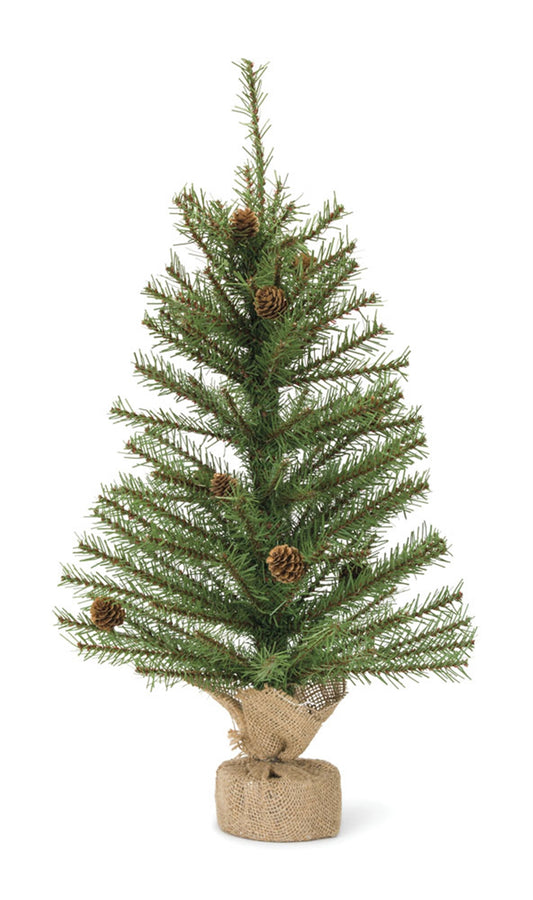 Set of two 2-foot pre-lit mini artificial pine trees in burlap bases