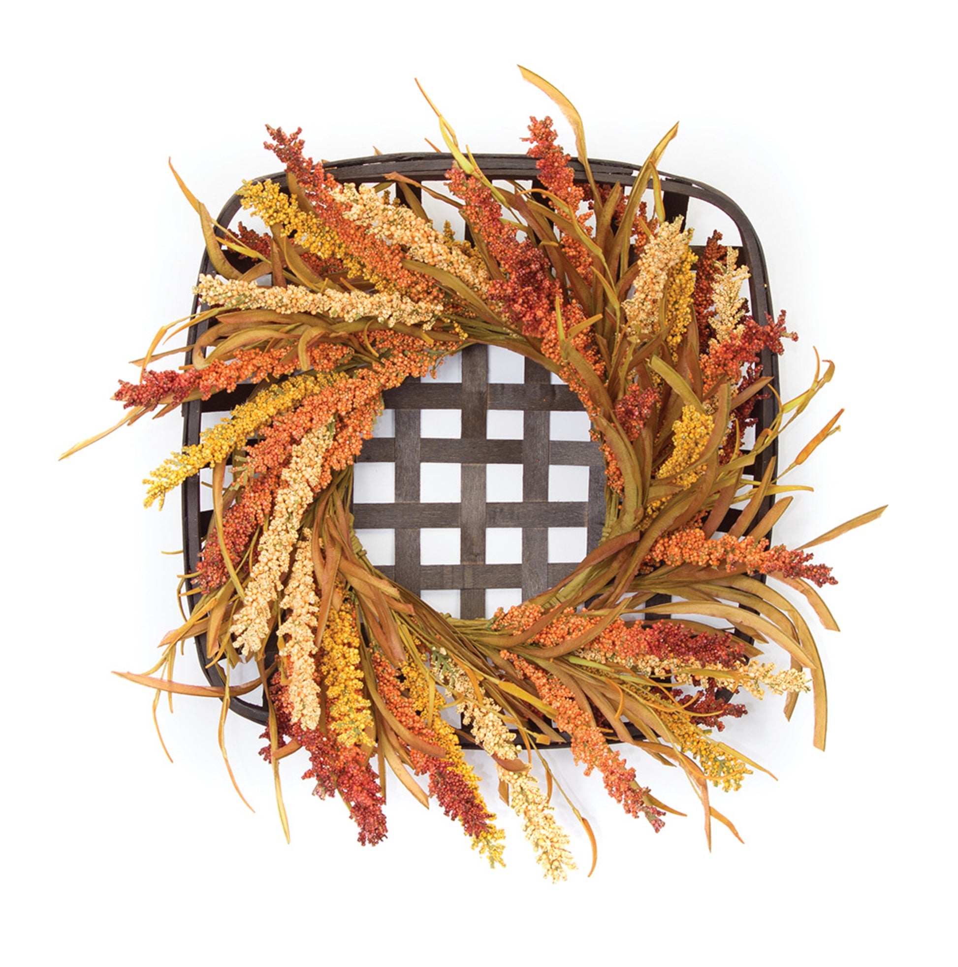 Square 20-inch woven wicker wreath with pampas grass in warm brown, orange, and beige tones
