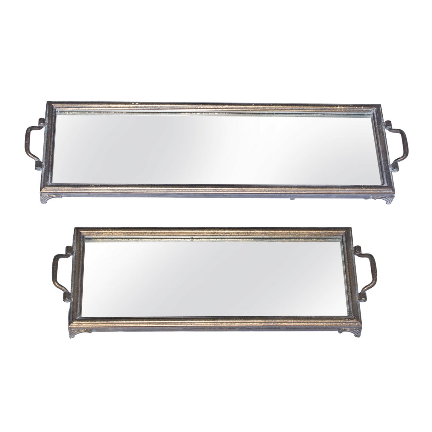 Set of two antique style bronze and gold rectangular mirror trays