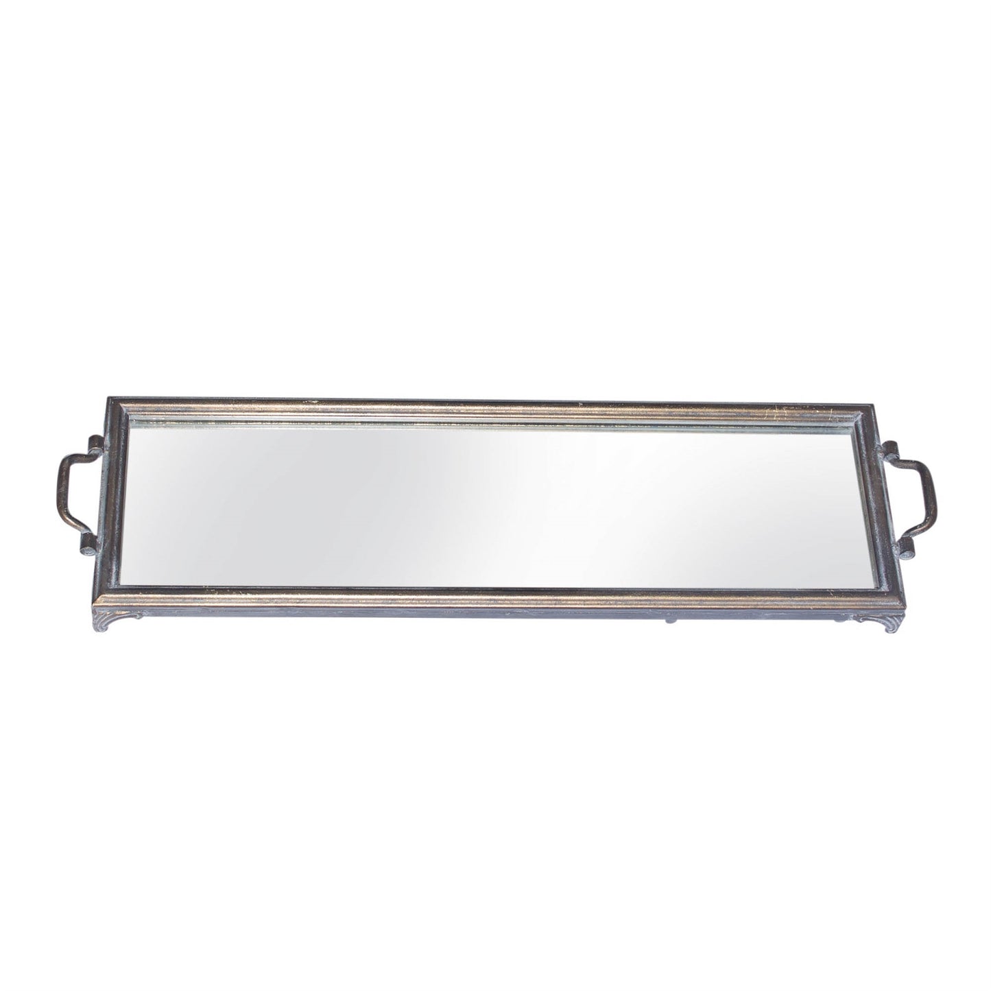 Long mirrored tray used as a centerpiece on a console table