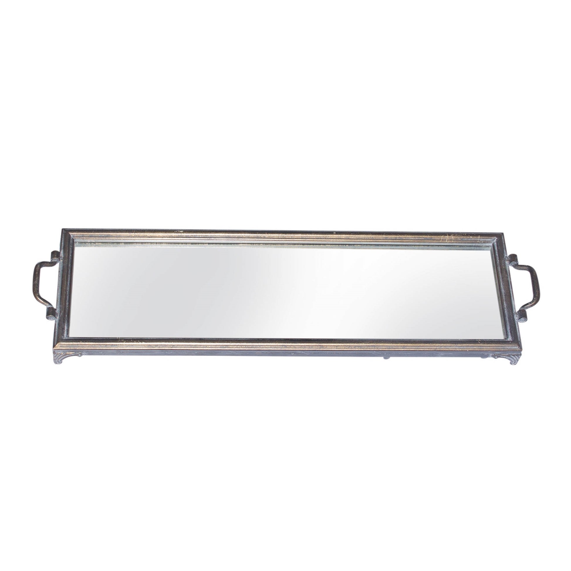 Long mirrored tray used as a centerpiece on a console table