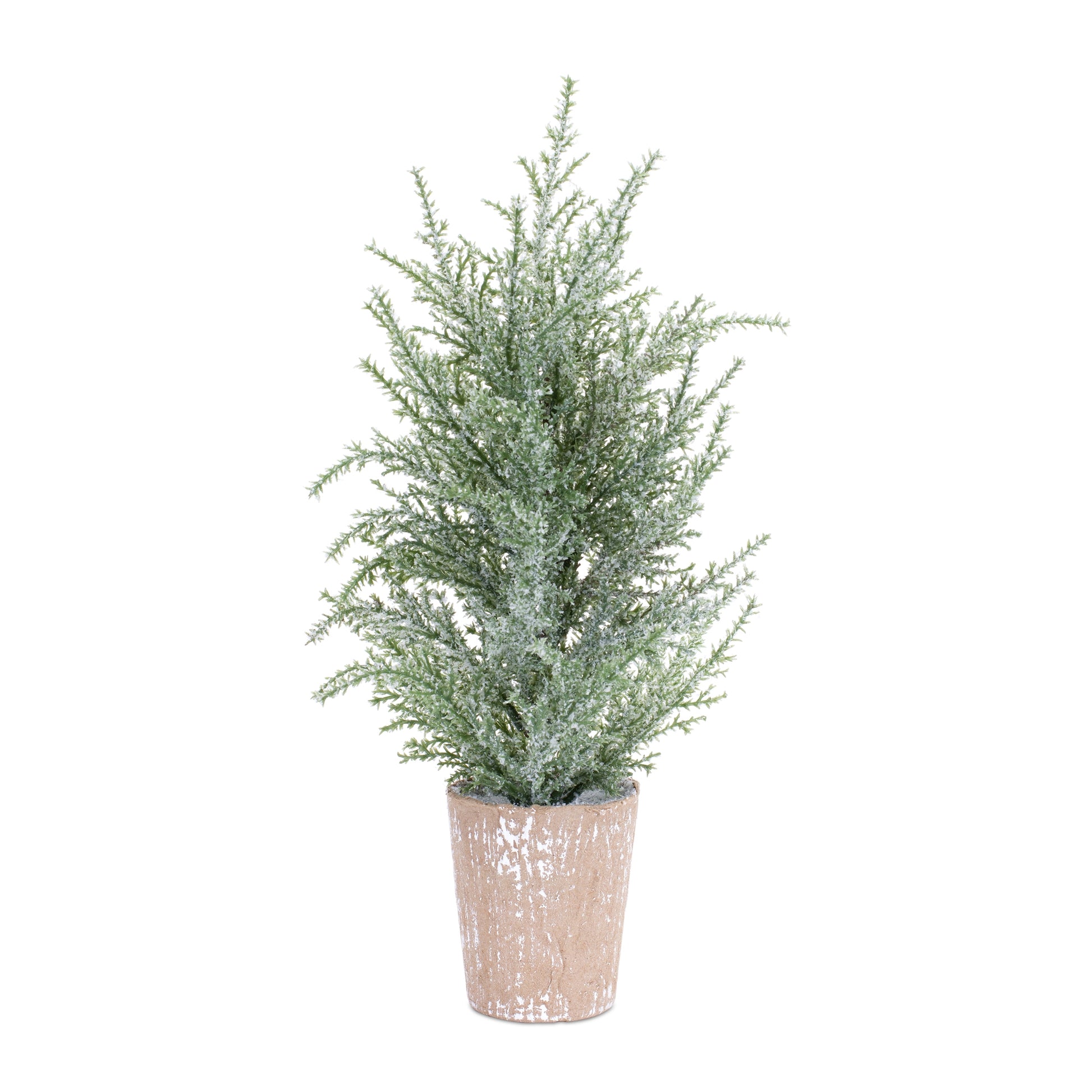 Set of four 15-inch frosted mini pine trees in weathered paper pots