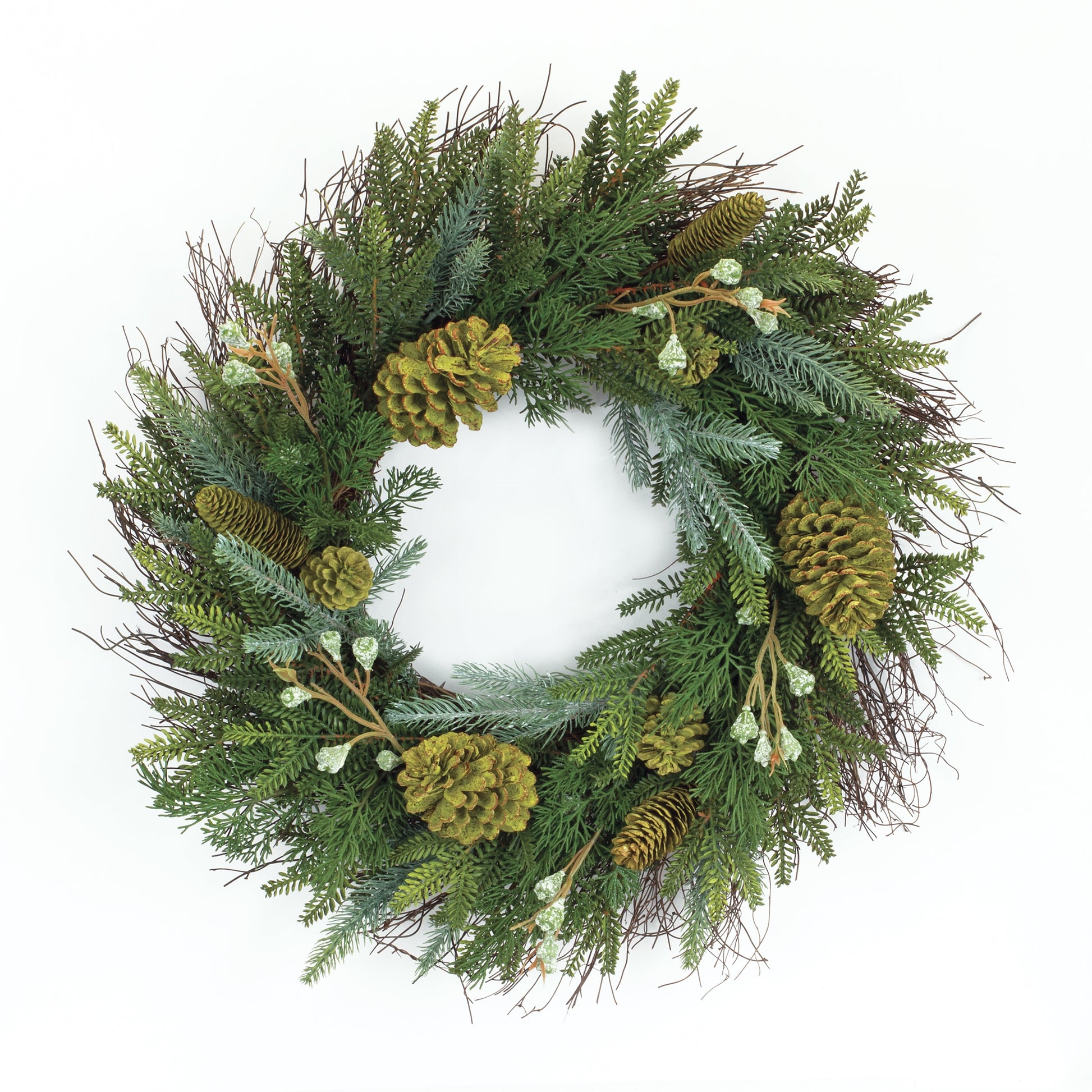 23-inch mixed winter pine wreath with pinecone and twig accents for seasonal door décor
