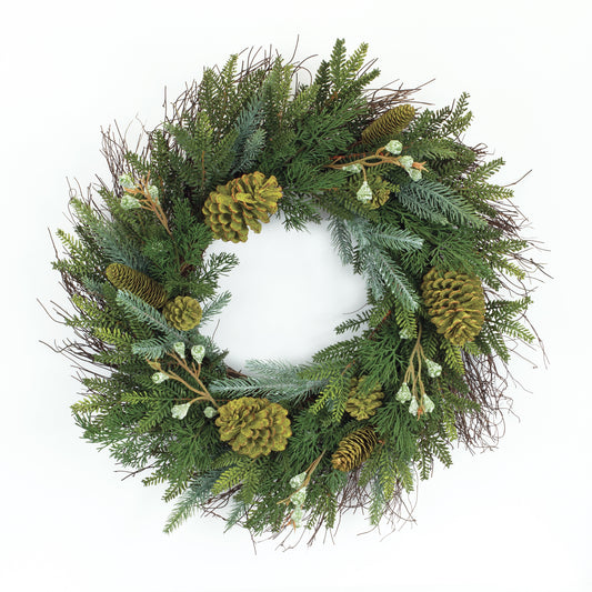 23-inch mixed winter pine wreath with pinecone and twig accents for seasonal door décor
