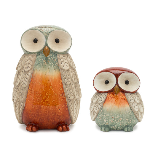 Set of four terra cotta owl figurines with glazed orange, green, and beige accents
