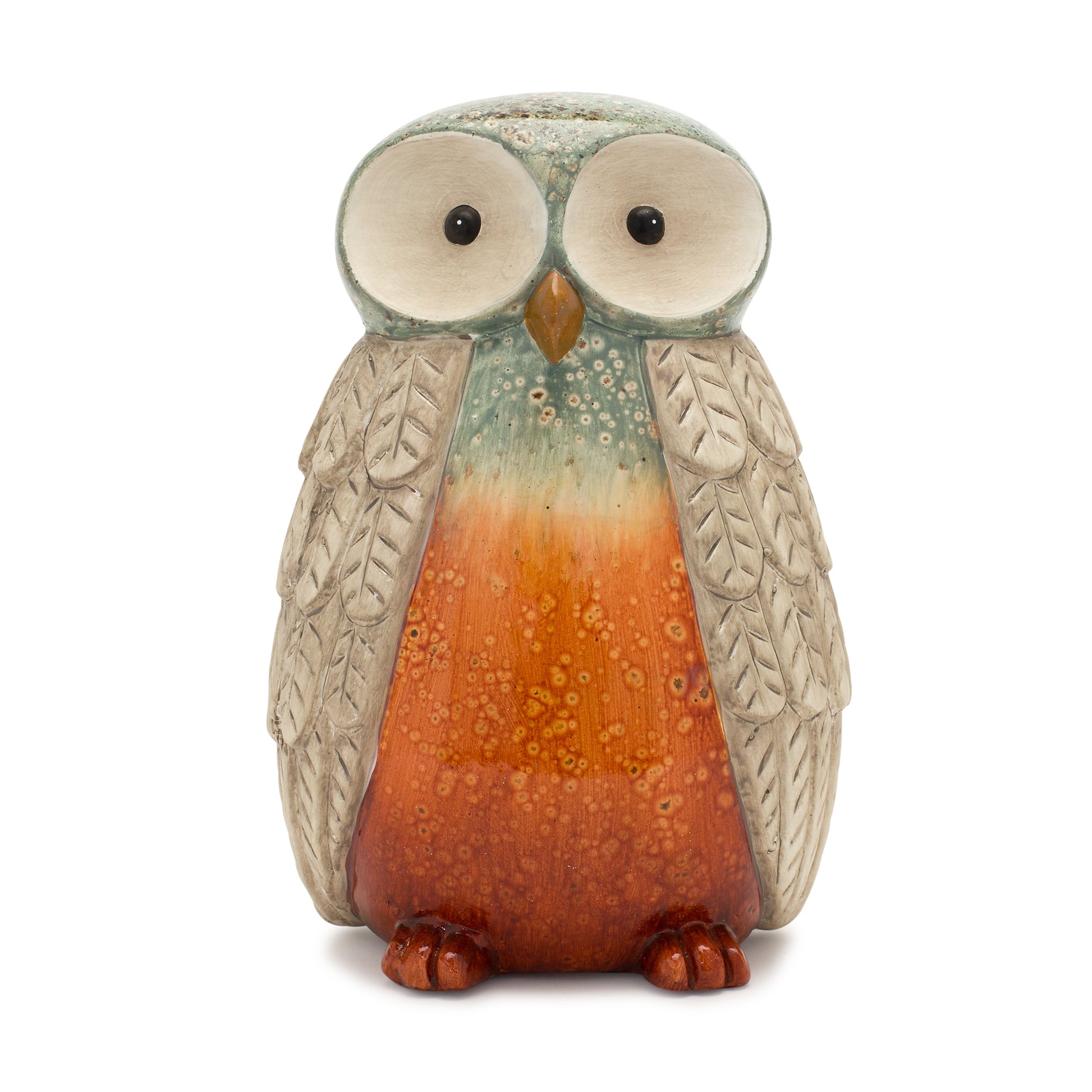 Set of four terra cotta owl figurines with glazed orange, green, and beige accents
