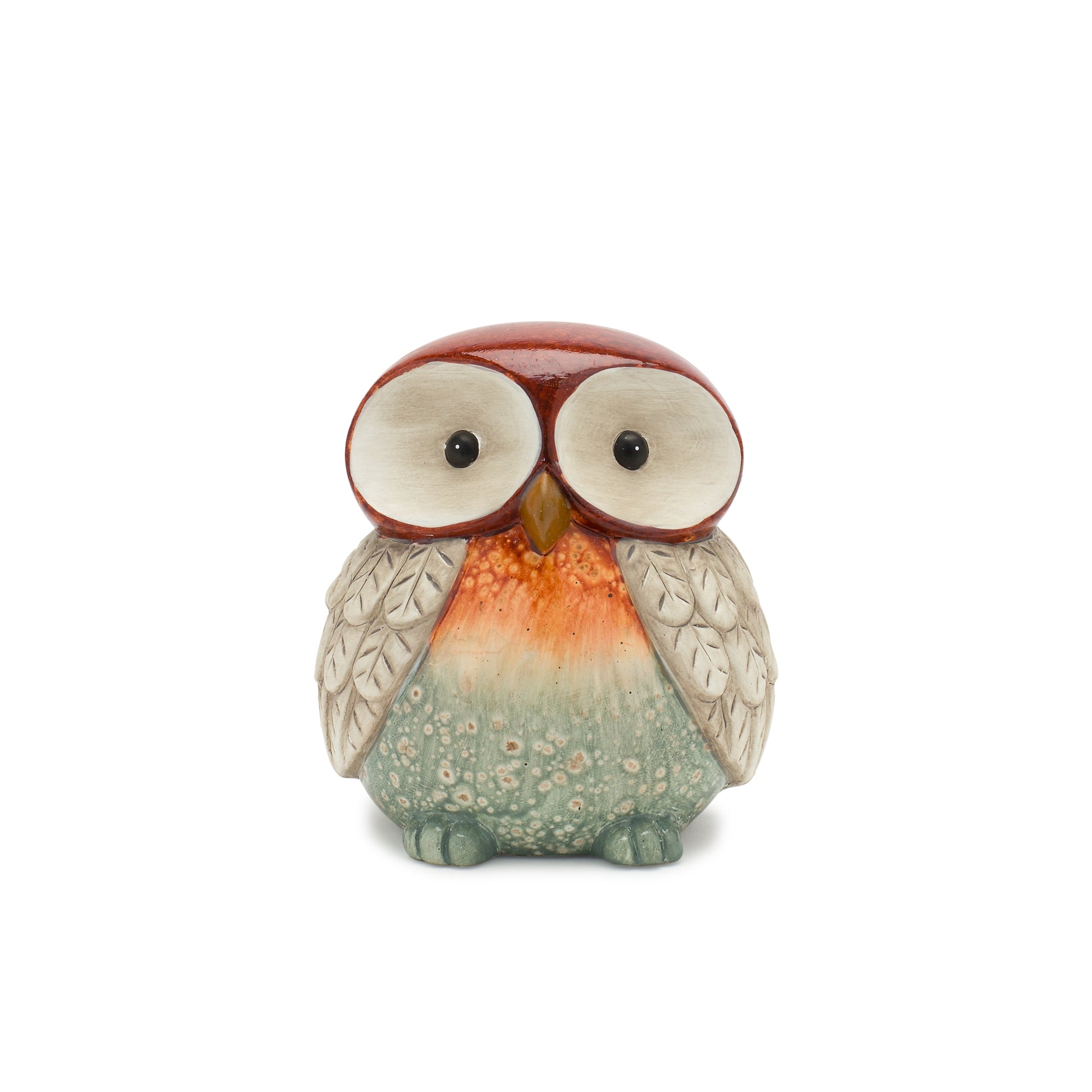 Set of four terra cotta owl figurines with glazed orange, green, and beige accents
