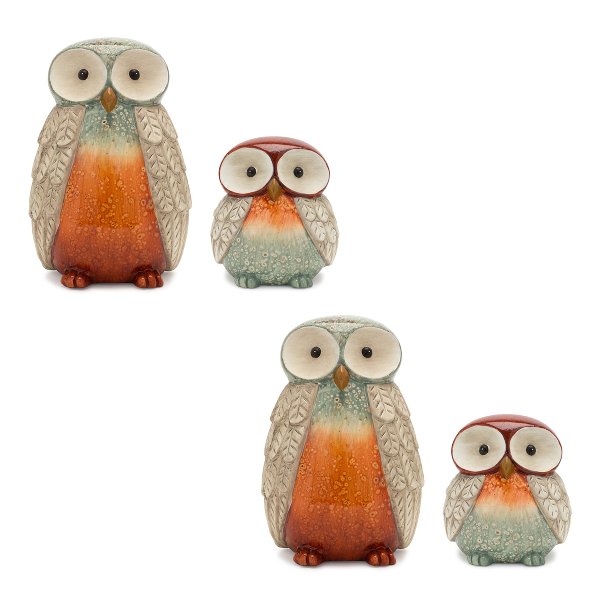 Set of four terra cotta owl figurines with glazed orange, green, and beige accents
