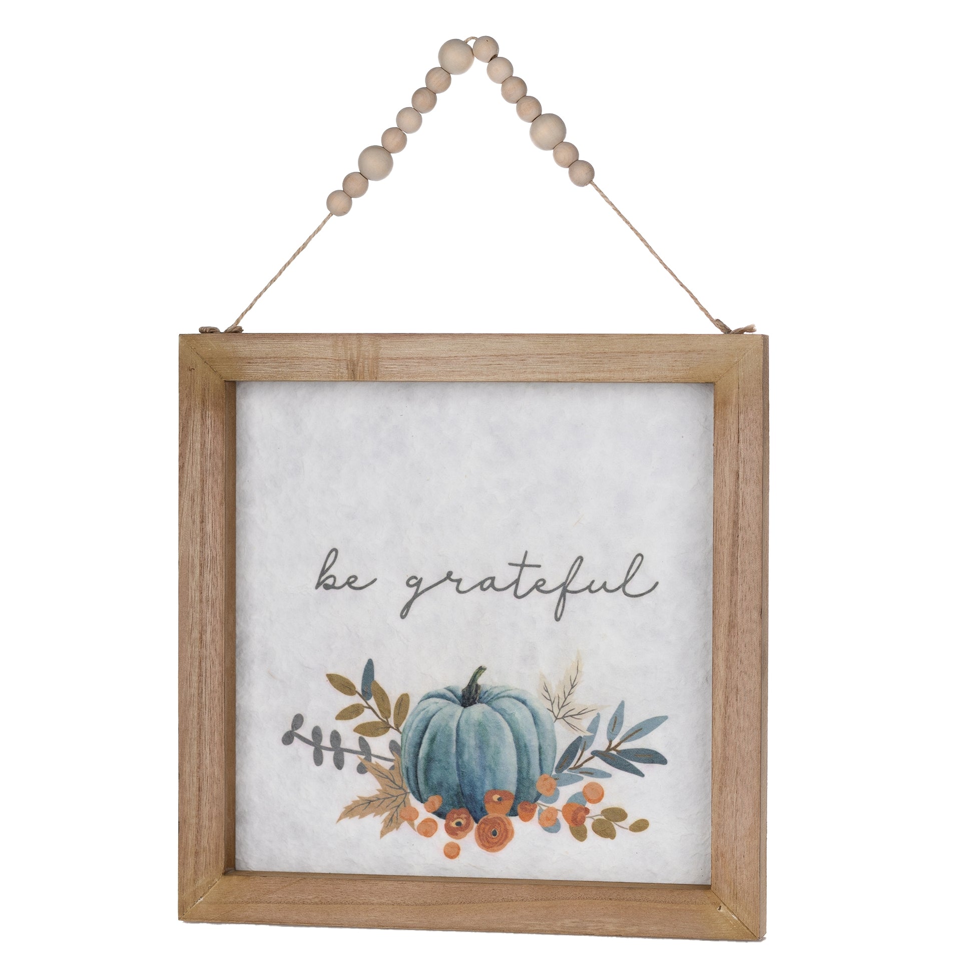 Set of two wood beaded hanging wall signs with “Give Thanks” and “Be Grateful” sentiments
