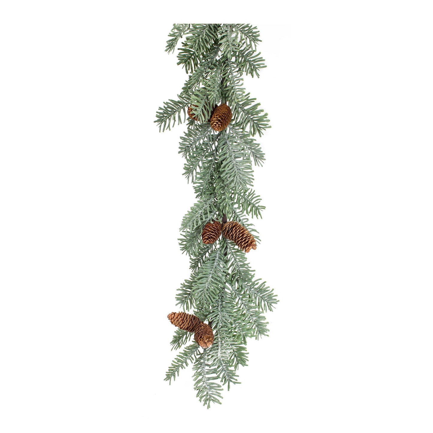 Set of two 5-foot winter pine garlands with pinecone accents for holiday mantel decorating and Christmas centerpieces