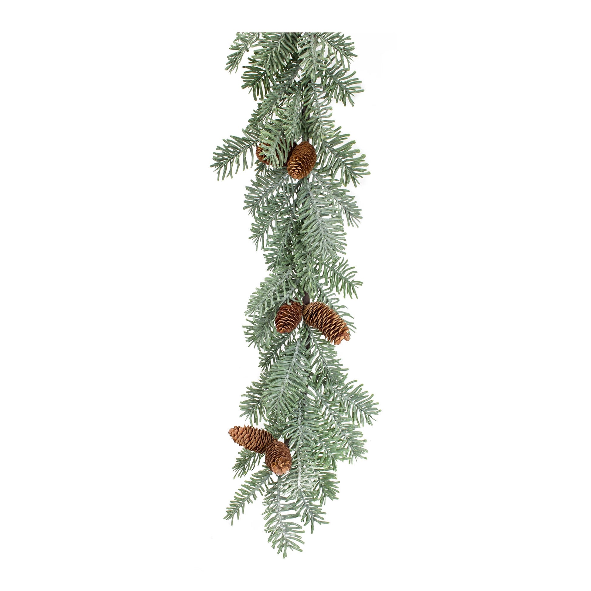 Set of two 5-foot winter pine garlands with pinecone accents for holiday mantel decorating and Christmas centerpieces