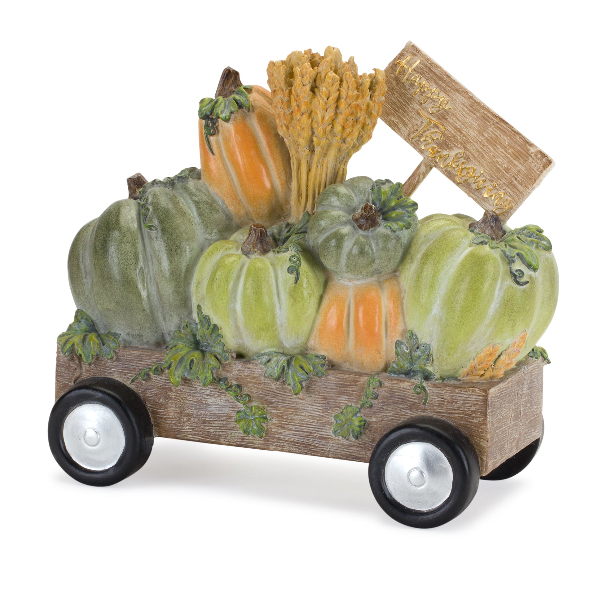 Happy Thanksgiving wagon figurine with pumpkins and wheat in a rustic polyresin design, 8.5 inches
