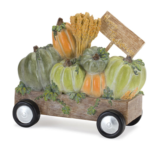 Happy Thanksgiving wagon figurine with pumpkins and wheat in a rustic polyresin design, 8.5 inches
