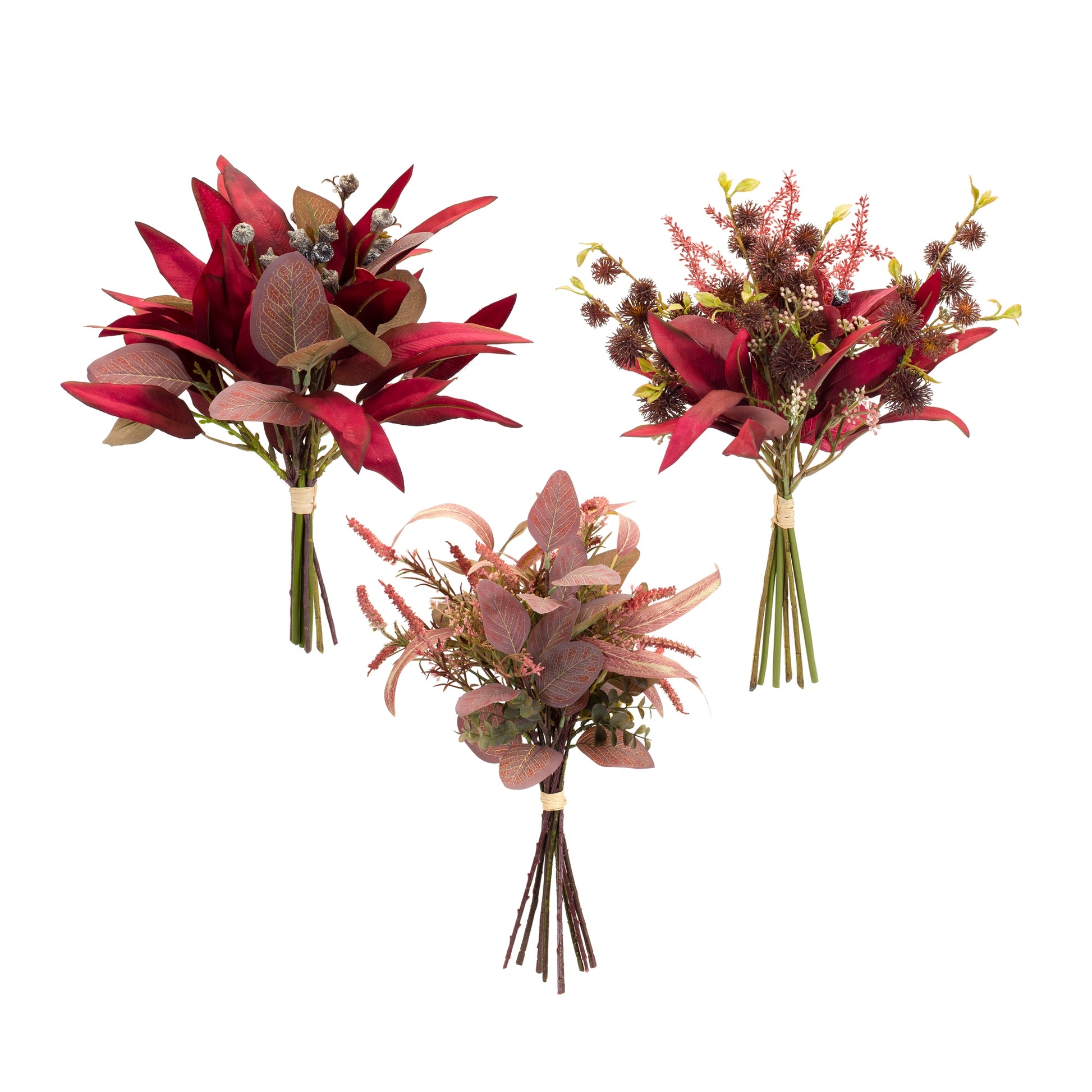Six fall foliage and thistle bundle bouquets with burgundy and green tones and pod accents
