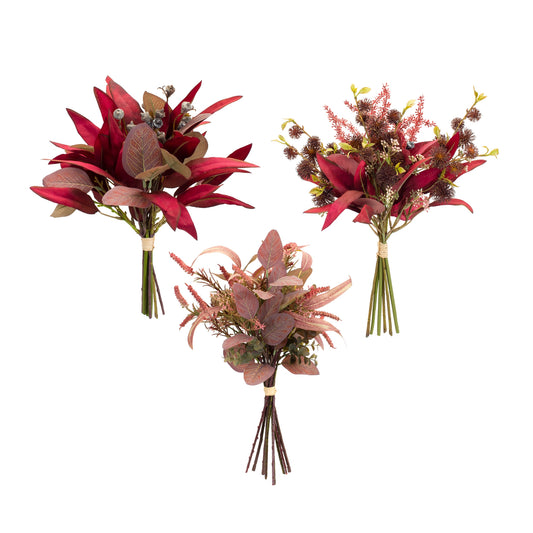 Six fall foliage and thistle bundle bouquets with burgundy and green tones and pod accents
