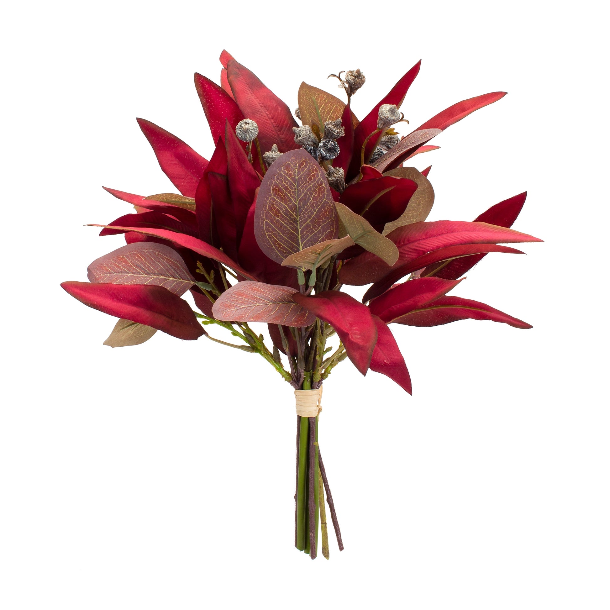 Six fall foliage and thistle bundle bouquets with burgundy and green tones and pod accents
