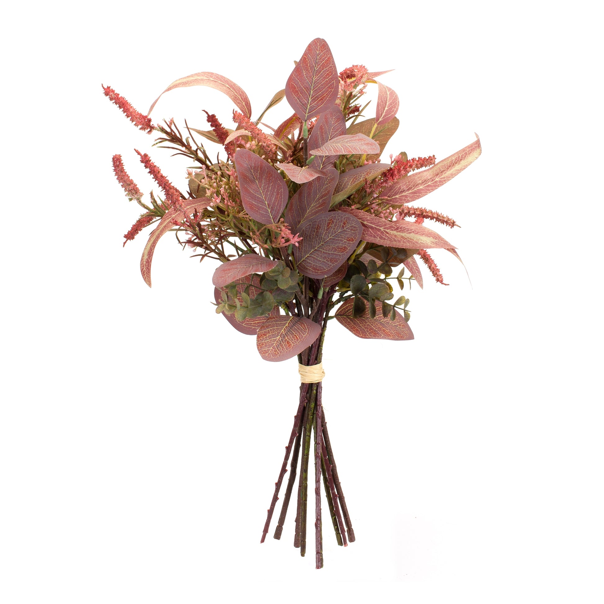 Six fall foliage and thistle bundle bouquets with burgundy and green tones and pod accents
