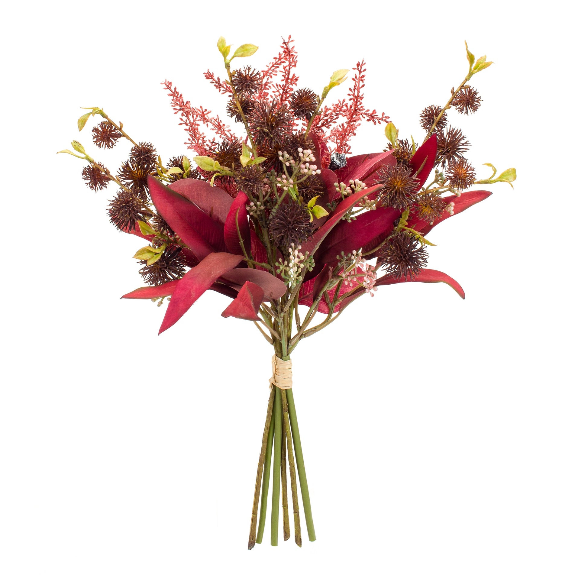 Six fall foliage and thistle bundle bouquets with burgundy and green tones and pod accents
