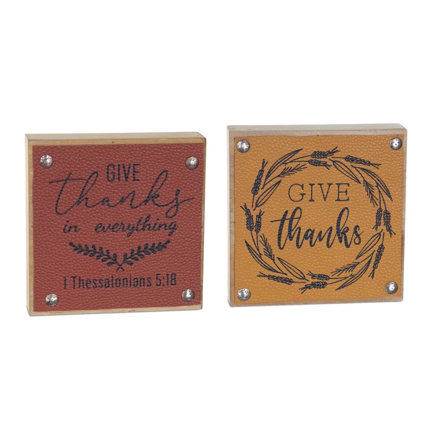 Set of six tabletop harvest signs with “Give Thanks” and “Be Thankful” sentiments in rustic fall colors
