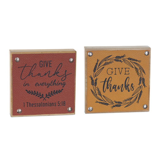 Set of six tabletop harvest signs with “Give Thanks” and “Be Thankful” sentiments in rustic fall colors
