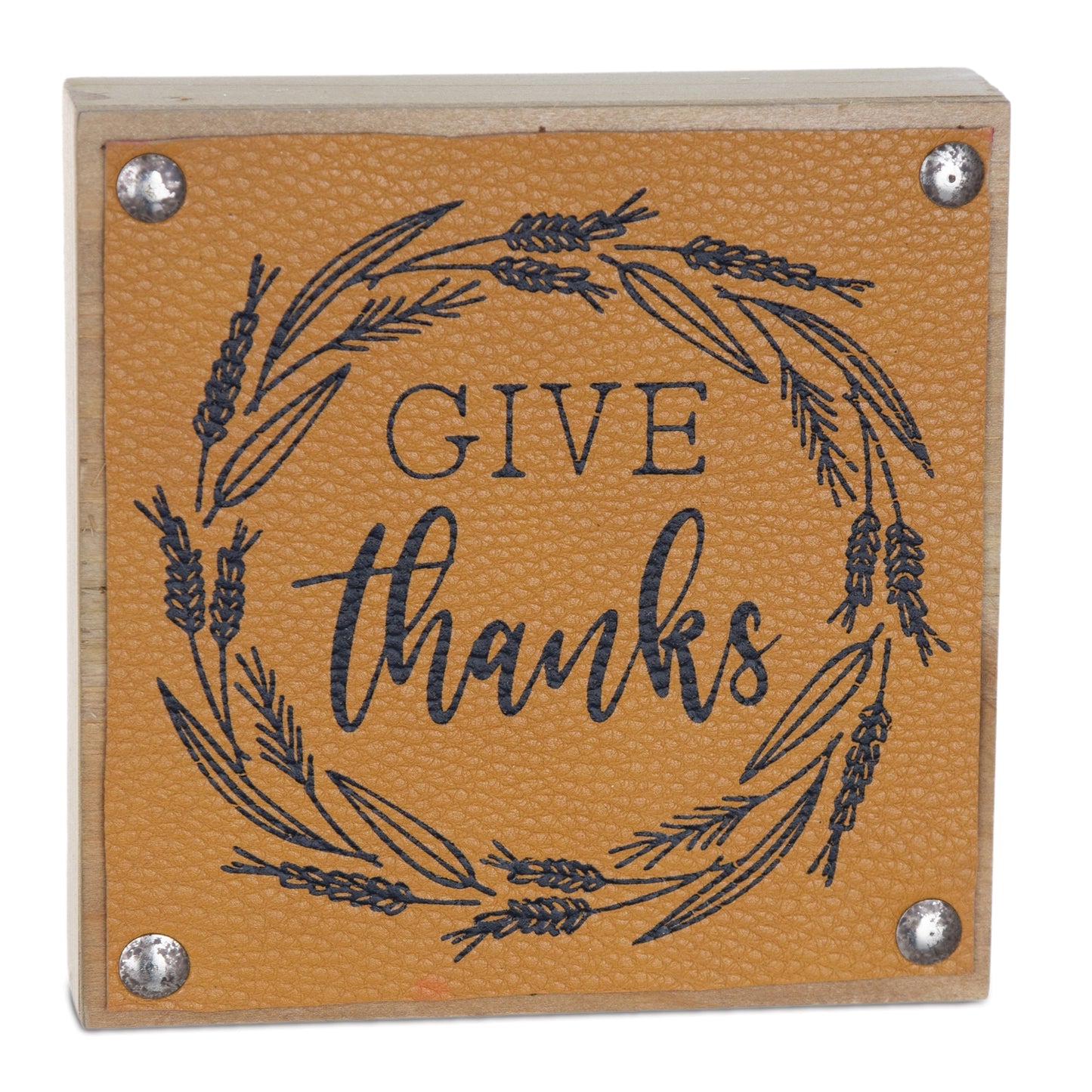 Set of six tabletop harvest signs with “Give Thanks” and “Be Thankful” sentiments in rustic fall colors
