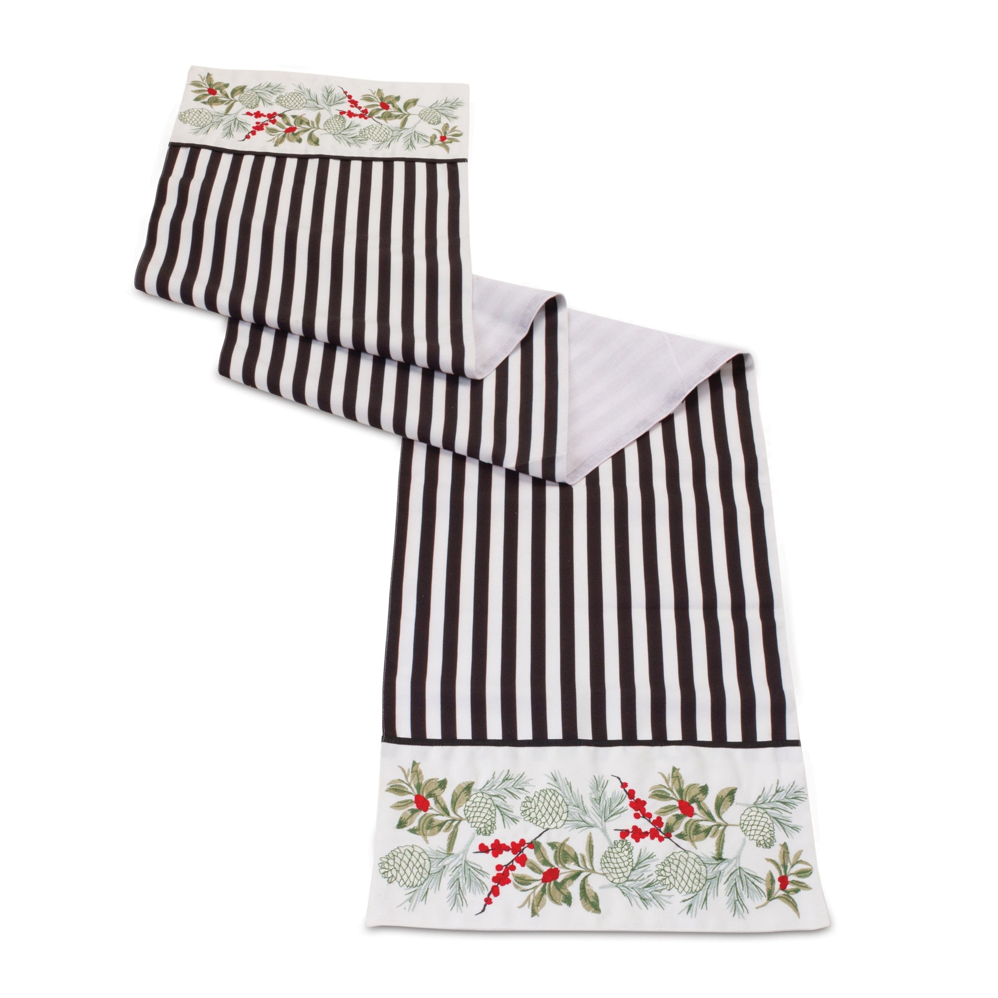 Black and white striped holiday table runner with pine and berry embroidery