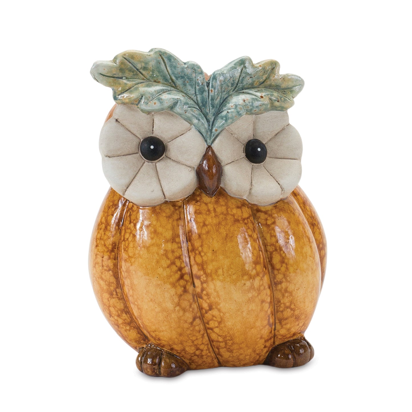Two terra cotta owl figurines with pumpkin and leaf accents for fall décor
