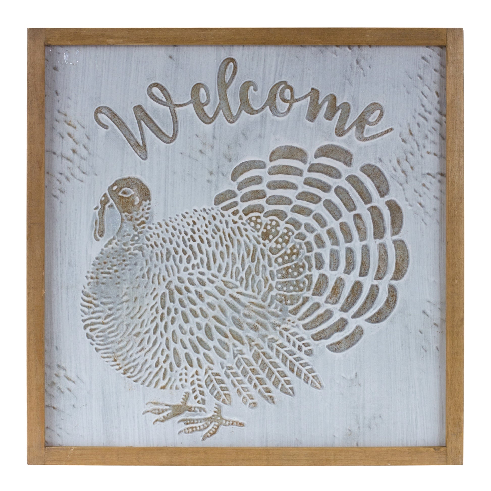 20-inch square metal and wood wall sign featuring "Welcome" and turkey silhouette
