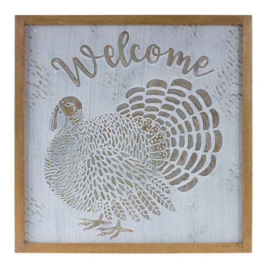 20-inch square metal and wood wall sign featuring "Welcome" and turkey silhouette
