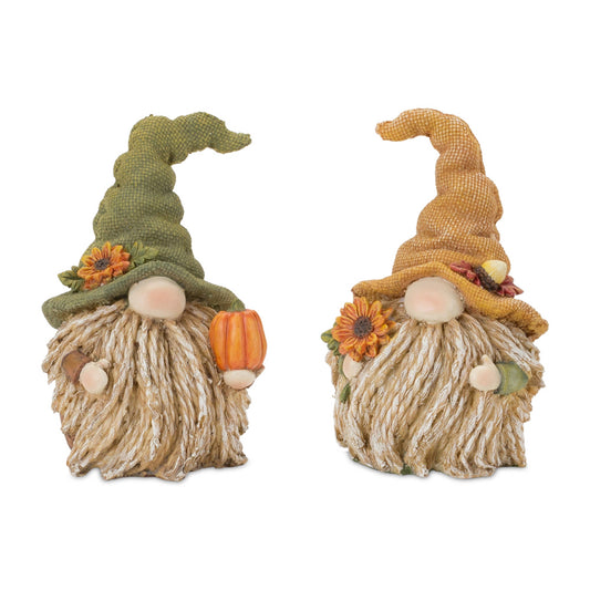 Set of 6 fall harvest gnome figurines featuring pumpkin and sunflower details
