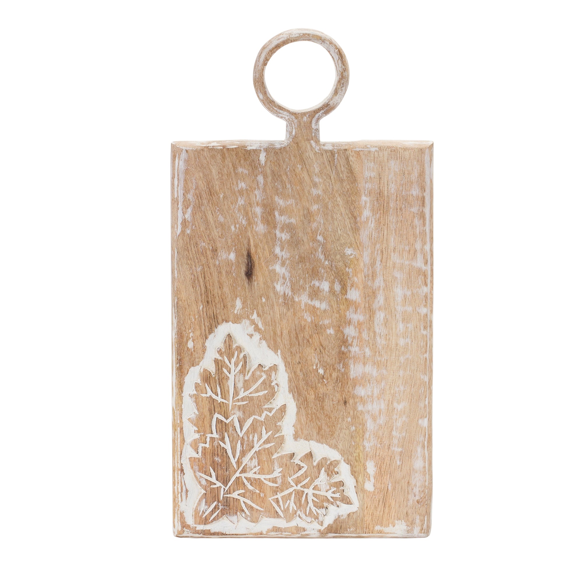 Set of two 16-inch mango wood cutting boards with carved leaf design and white-washed finish
