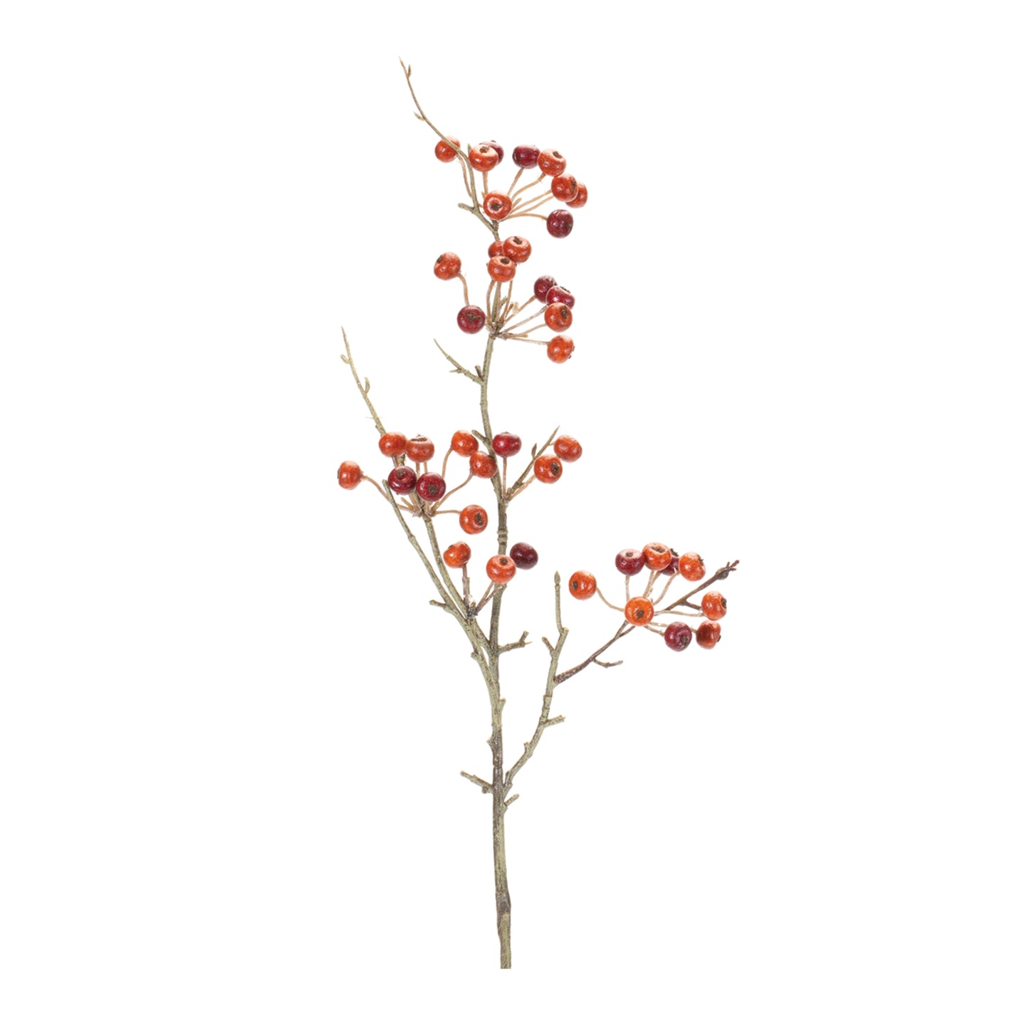 Artificial berry pod spray with red and orange berries on twig stem (one of six)
