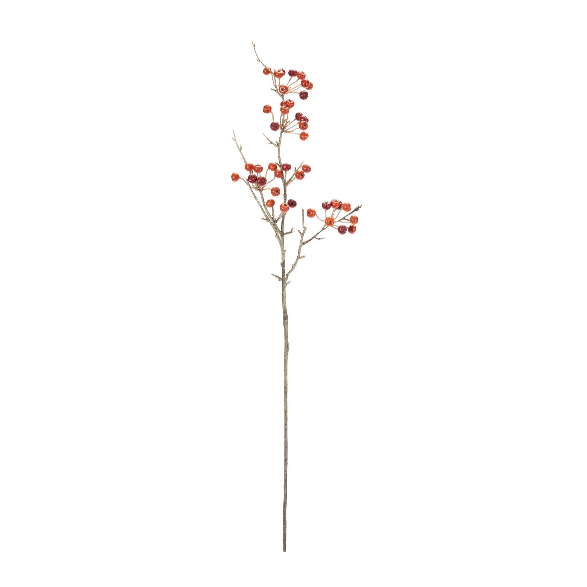 Artificial berry pod spray with red and orange berries on twig stem (one of six)
