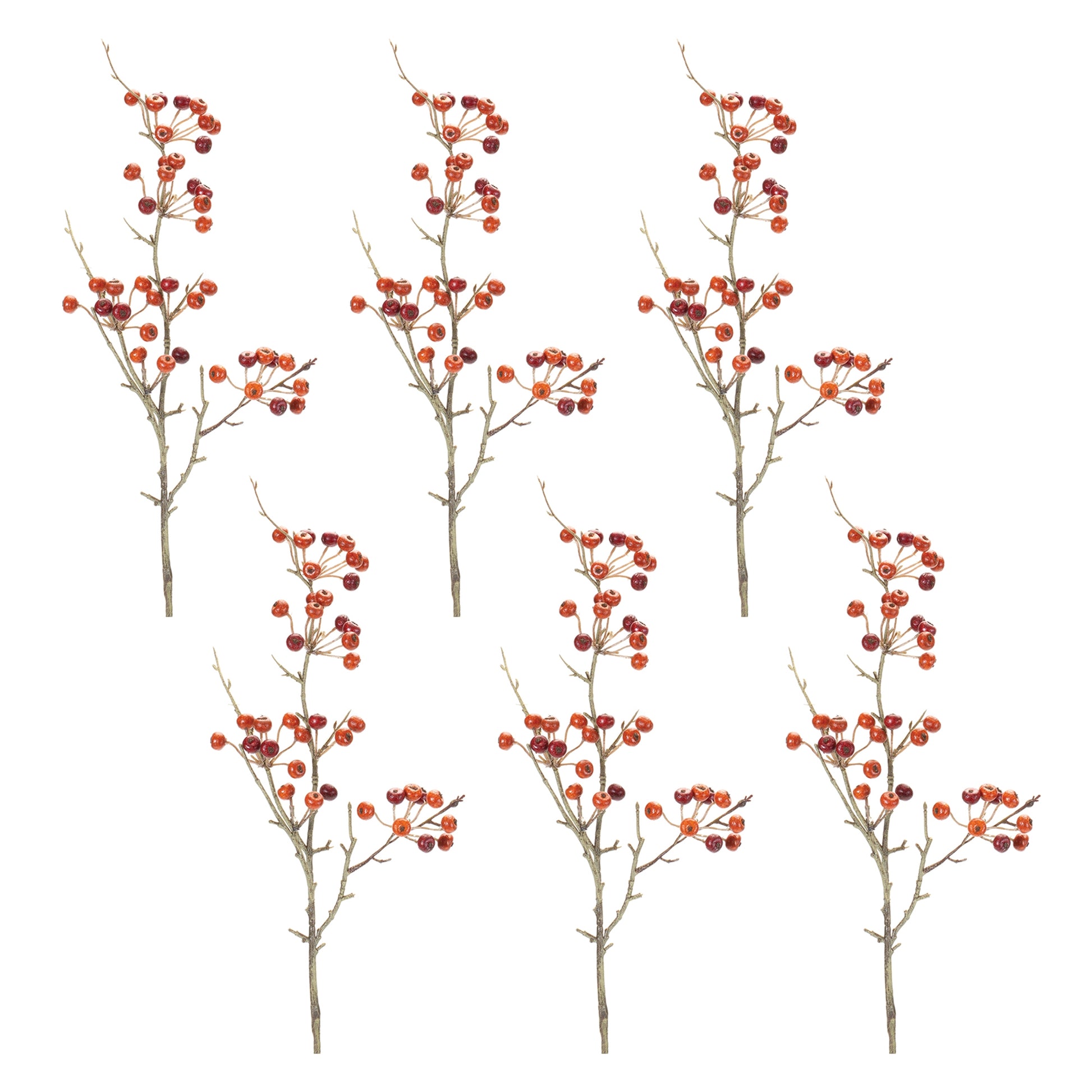 Artificial berry pod spray with red and orange berries on twig stem (one of six)
