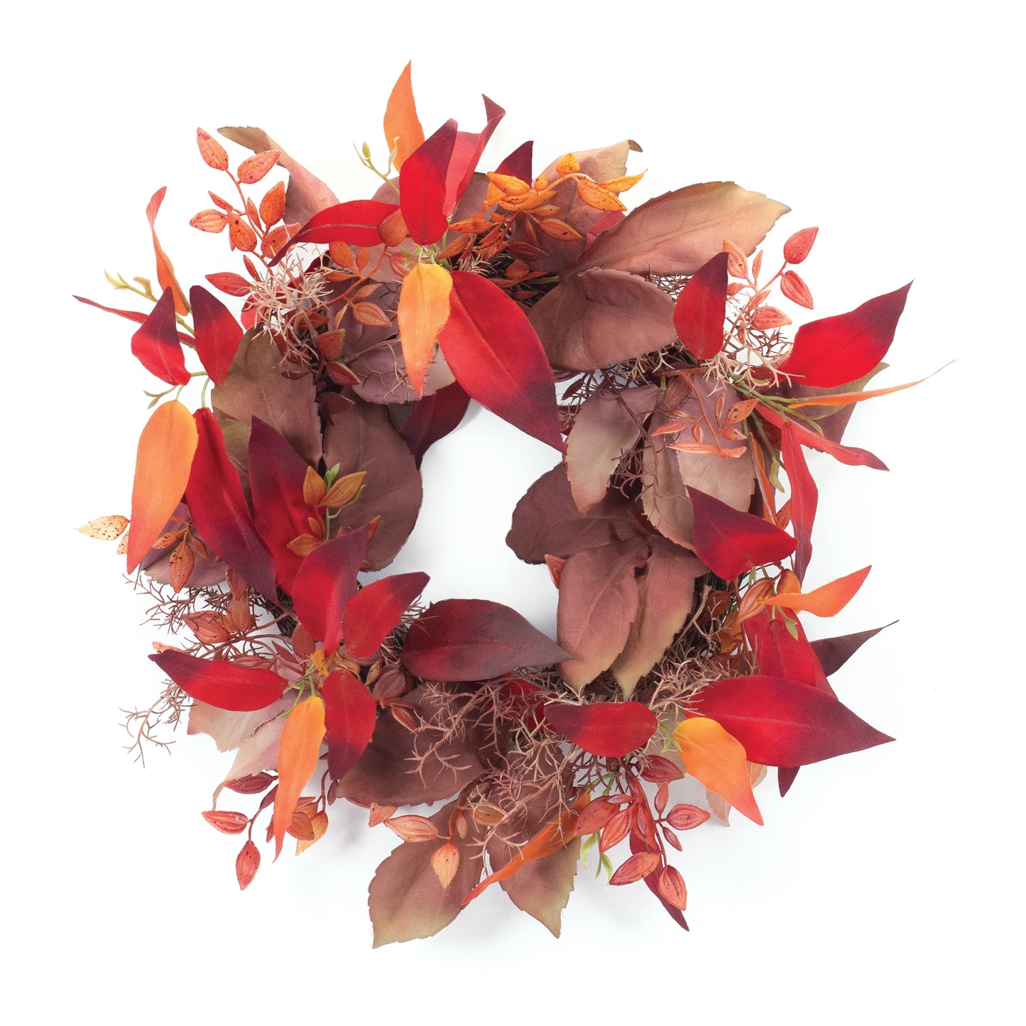 19-inch mixed fall foliage wreath with red, orange, and brown leaves and natural twig accents
