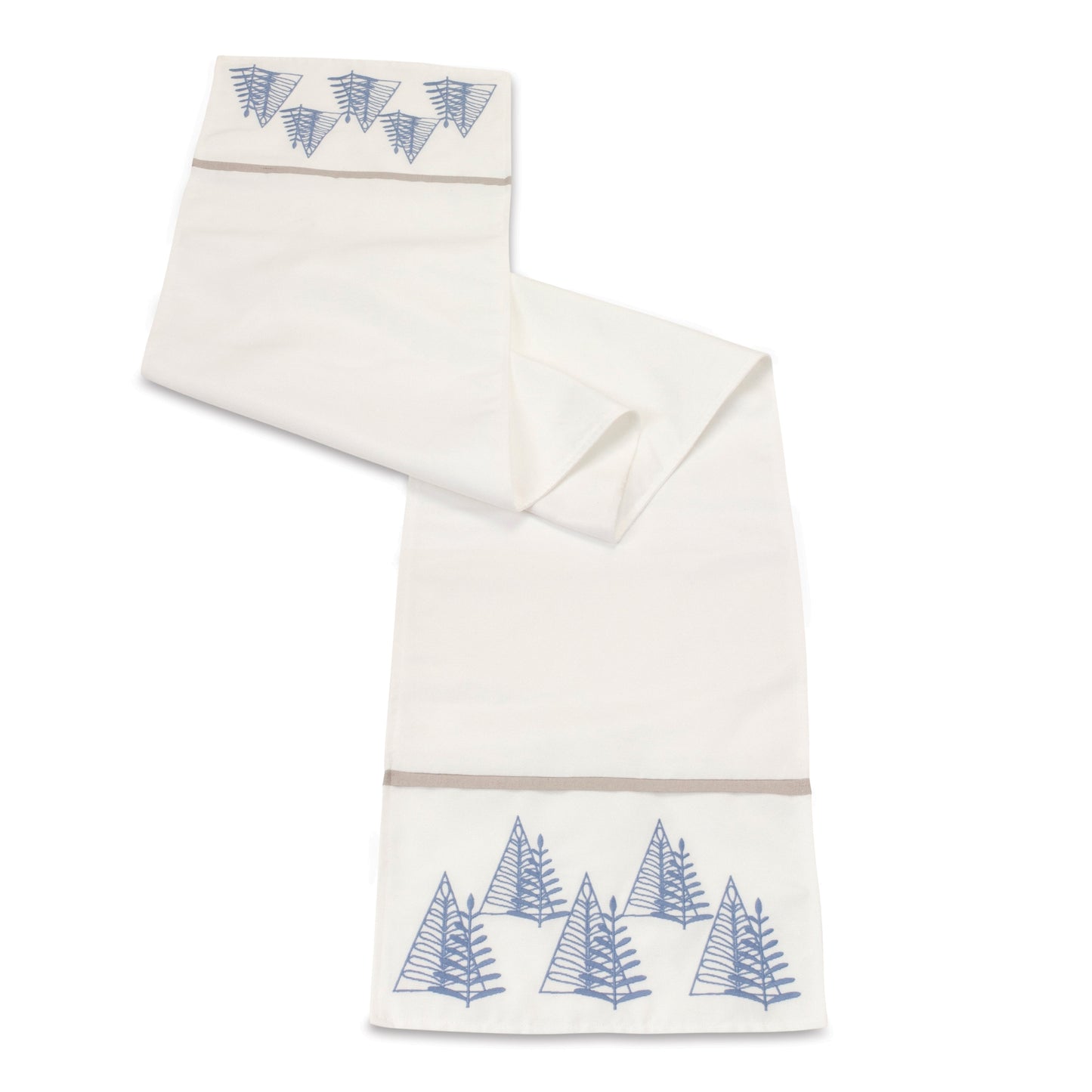 Modern holiday table runner with blue and grey embroidered pine trees