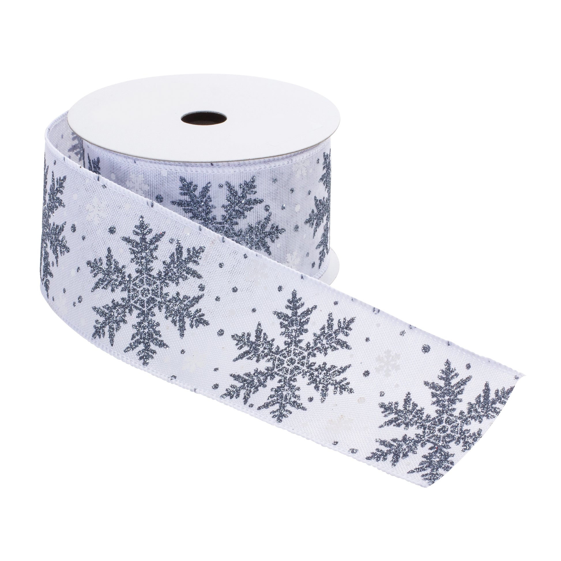 Grey and white glittered snowflake wired ribbon, set of 2 (2.5″ x 10 yd each), wired edges for crafting wreaths, bows, and seasonal décor