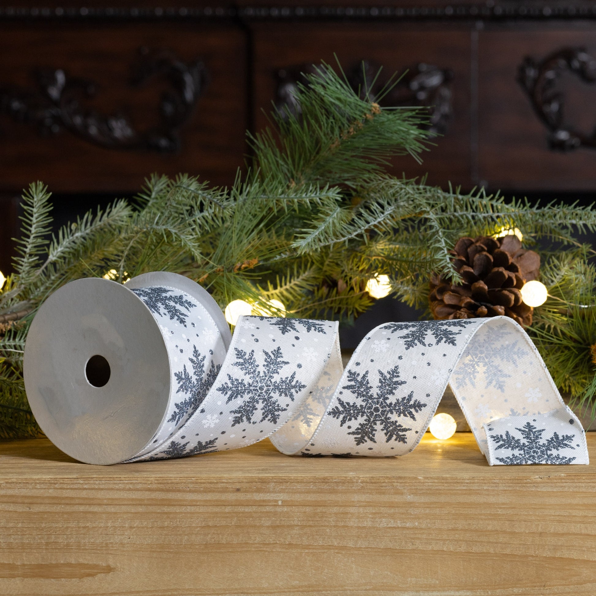 Grey and white glittered snowflake wired ribbon, set of 2 (2.5″ x 10 yd each), wired edges for crafting wreaths, bows, and seasonal décor