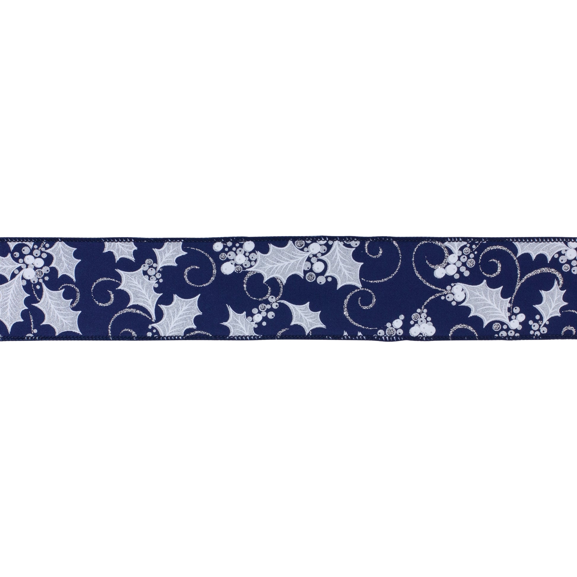 Blue and white holly berry wired ribbon, set of 2 (2.5″ x 10 yd each), wired edges for bows, wreaths, and festive décor