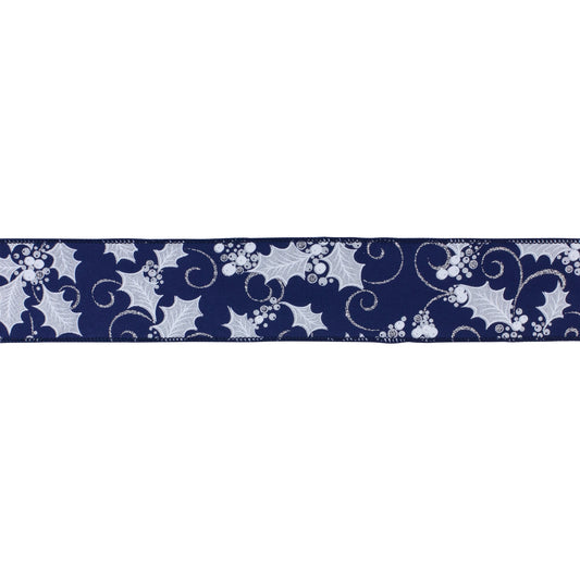 Blue and white holly berry wired ribbon, set of 2 (2.5″ x 10 yd each), wired edges for bows, wreaths, and festive décor