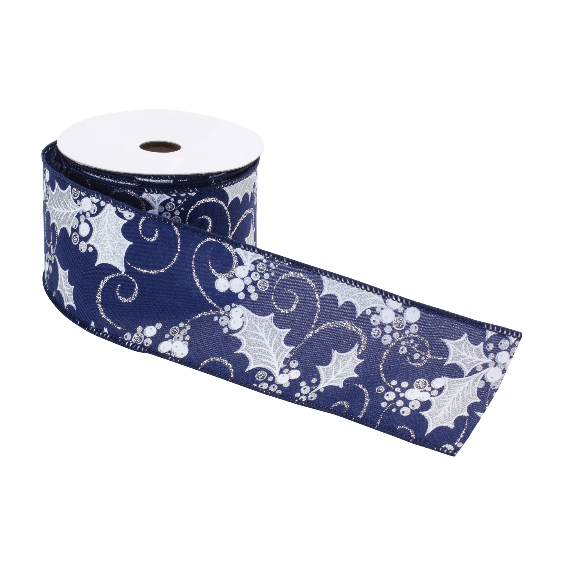 Blue and white holly berry wired ribbon, set of 2 (2.5″ x 10 yd each), wired edges for bows, wreaths, and festive décor