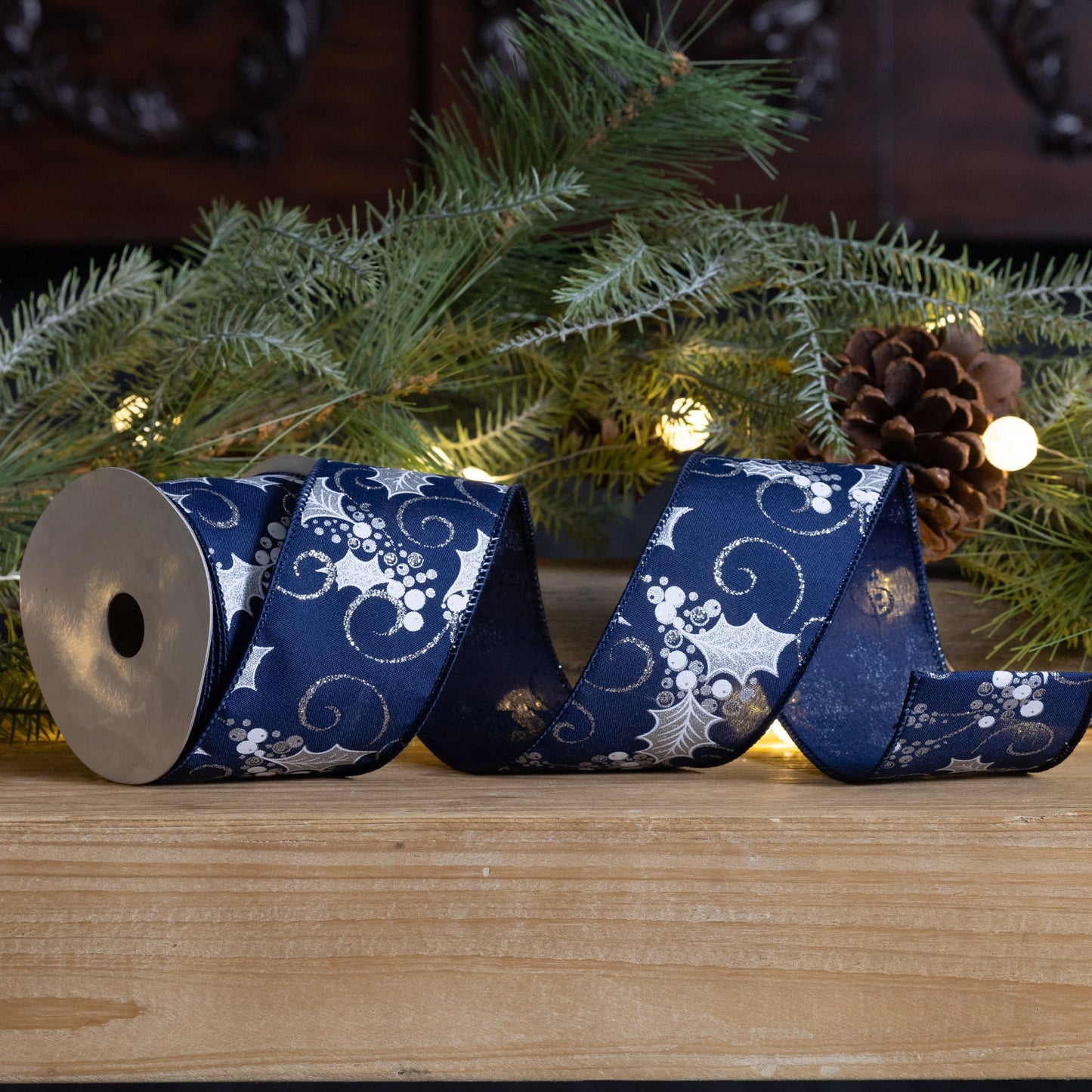 Blue and white holly berry wired ribbon, set of 2 (2.5″ x 10 yd each), wired edges for bows, wreaths, and festive décor