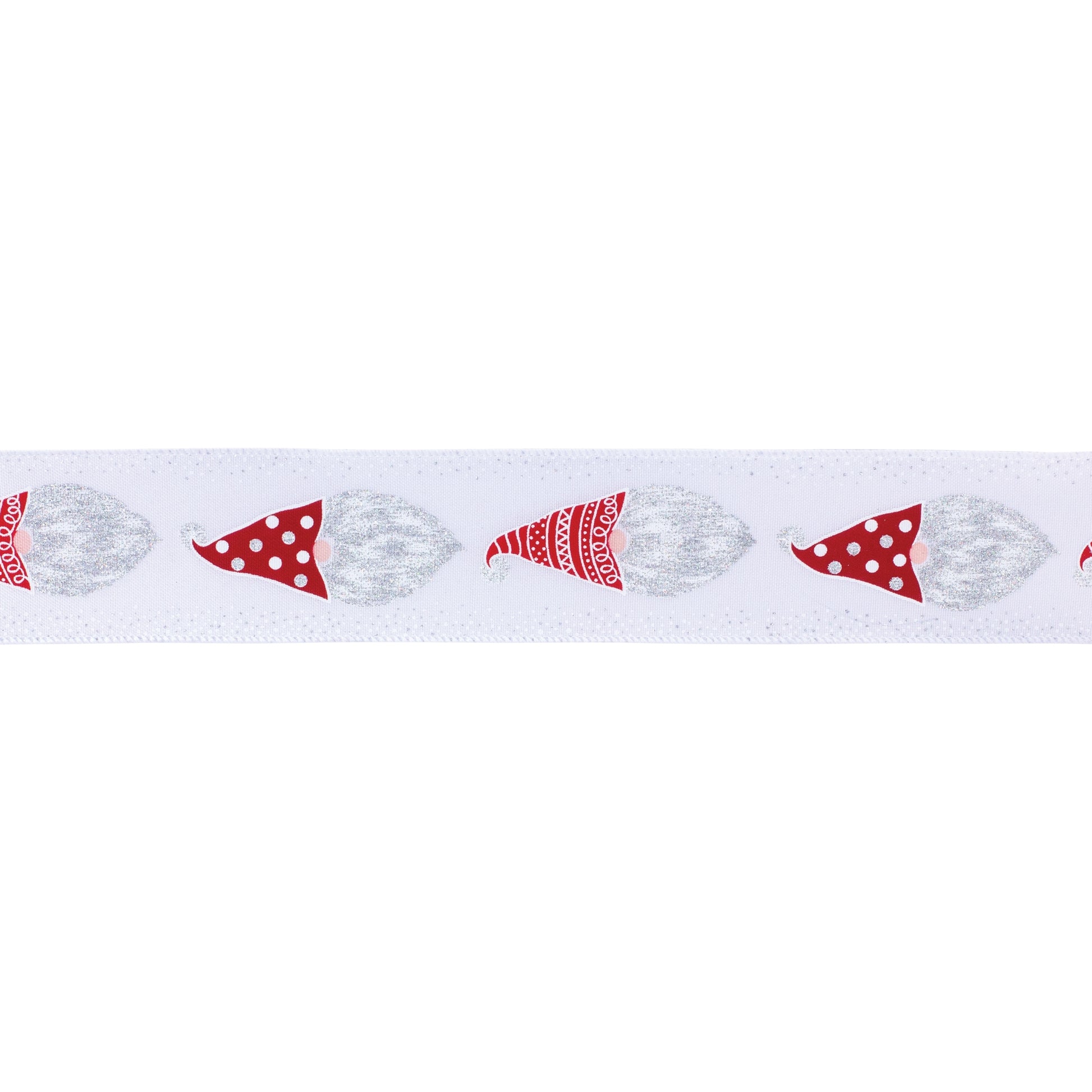 Red and white wired ribbon featuring Gnome Santa head design, set of 2 (2.5″ x 10 yd each), ideal for bows, wreaths, and festive decorating