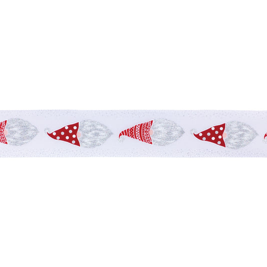 Red and white wired ribbon featuring Gnome Santa head design, set of 2 (2.5″ x 10 yd each), ideal for bows, wreaths, and festive decorating